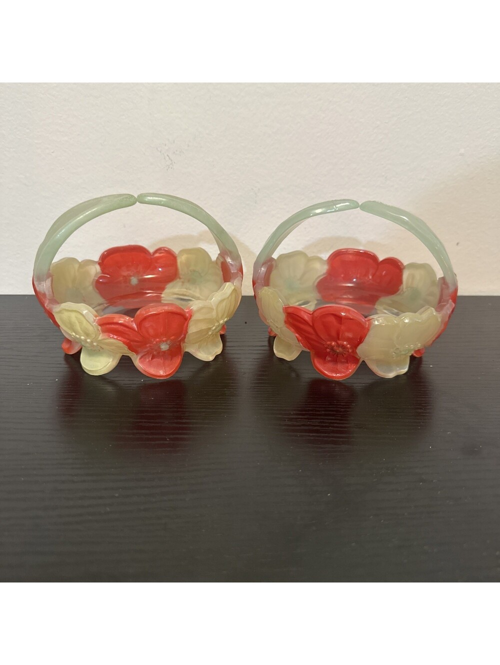 Vtg Westmoreland Glass Hand Painted Split Handle Pansy Basket Red Green Set Of 2